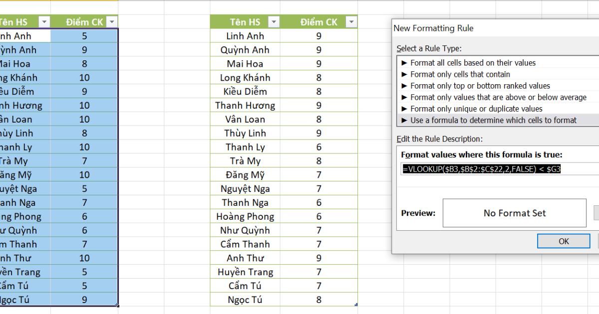 Hướng dẫn sử dụng hàm VLOOKUP vào định dạng có điều kiện trong Excel